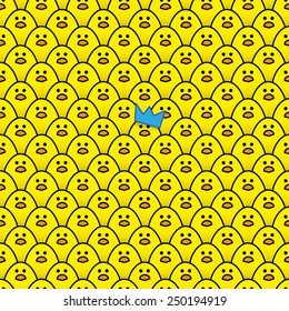 Yellow Chick wearing Blue Paper Party Hat surrounded by other identical chicks
