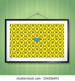 Yellow Chick wearing Blue Party Hat in large Group Photo of Chicks in Picture Frame Hanging on Green Wallpaper Background 