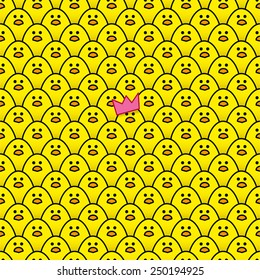 Yellow Chick wearing Pink Paper Party Hat surrounded by other identical chicks