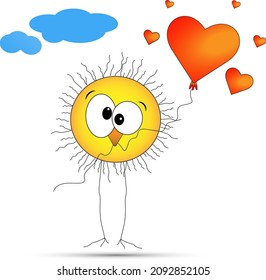 Yellow chicken in its beak holding a heart-shaped balloon on a white background