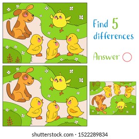 A yellow chicken cheers ducks and puppy. Merry animal and birds on a farm. Simple illustration. Find 5 differences. Educational game for children.
