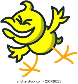 Yellow chicken clenching its eyes and extending its arms while laughing maliciously as for celebrating a mischief