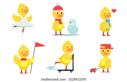 Yellow Chicken At Different Job Cartoon Character Vector Illustration Set