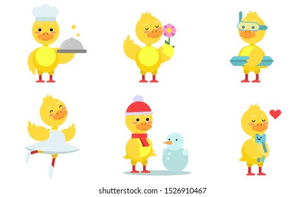 Yellow Chicken At Different Kind Of Job Cartoon Character Vector Illustration Set