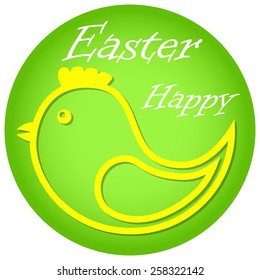 Yellow chicken in a green circle. Symbol of Easter.