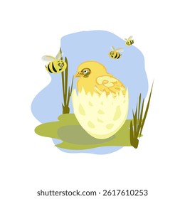 Yellow chicken, little chick. Sweet and adorable baby chick in the egg shell sorounded by bees. A colorful and funny bird.