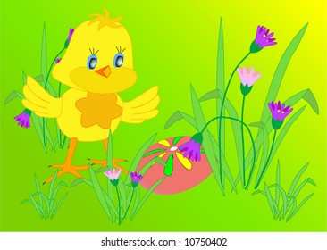 Yellow chicken on green glade and Easters egg (vector illustration)