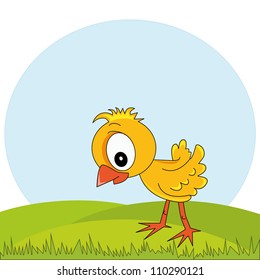 yellow chicken on the meadow against the sky