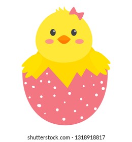 Yellow chicken in pink shell with white dots. Vector illustration. Isolated on white background.
