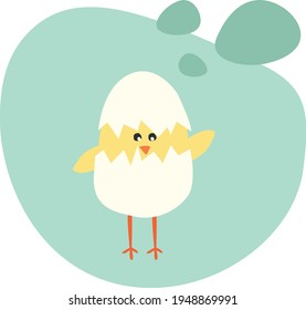Yellow chicken in shell flaps its wing 