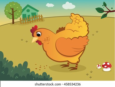 A yellow chicken vector illustration on a farm.