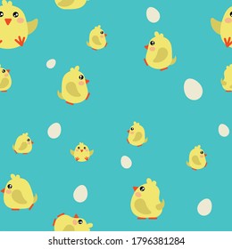 yellow chickens on a blue background pattern with eggs