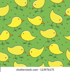 Yellow chickens on green background, seamless pattern.