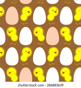 Yellow chickens and white eggs. Vector seamless pattern of small birds.