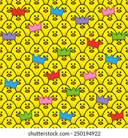 Yellow Chicks wearing Paper Party Hats surrounded by other identical chicks