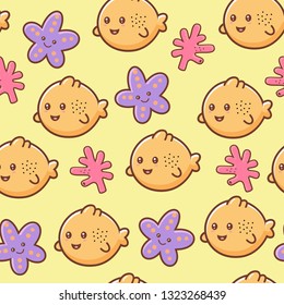 yellow childish cute vector seamless pattern with funny fishes