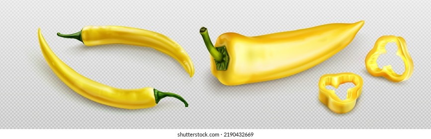 Yellow chili pepper or jalapeno hot spicy plant pods and slices. Paprika, cayenne with green stem whole and chopped ripe vegetables isolated on transparent background, Realistic 3d vector