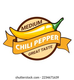 Yellow chili pepper pod, badge or logo design. Medium hotness or spiciness level. Vector illustration