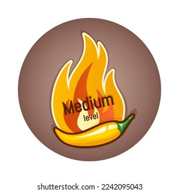 Yellow chili pepper pod and fire flame from behind, badge or logo design. Medium hotness or spiciness level. Vector illustration