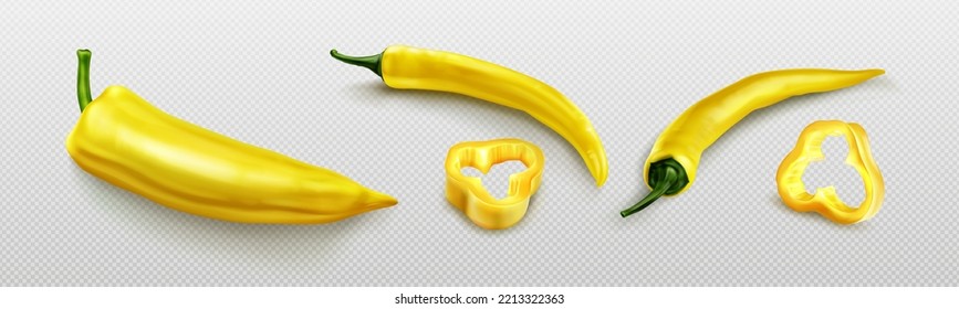 Yellow chili pepper with slices, hot cayenne isolated on transparent background. Fresh chopped chile pepper, mexican spicy vegetable, vector 3d illustration. 3D Illustration