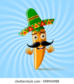 Yellow chilli pepper character with sombrero hat on twisted background