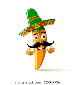 Yellow chilli pepper character with sombrero hat on white background