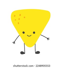 Carácter de nachos de chip amarillo. Caricatura dibujada a mano del vector icono del personaje kawaii. Ilustración de la comida mexicana