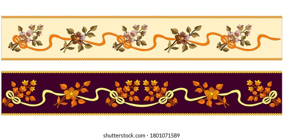 Yellow and chocolate ribbon continuous border ornament of brown and orange geranium,yellow bows, gold braid,stylized,hand drawn,for gold embroidery of folk costume,for wedding invitations and cards