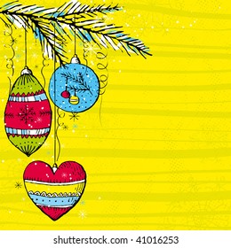 yellow christmas background with christmas balls,  vector illustration