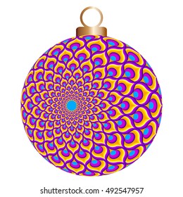 Yellow christmas ball from feathers of a peacock (motion illusion)