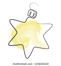 Yellow Christmas ball in form of star drawn with single continuous line. Vector illustration.