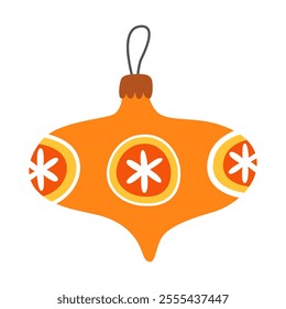 Yellow christmas ball, icicle with orange and white decor isolated on white. New Year's toy. Christmas tree decor. Cute cartoon illustration.	