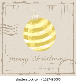 Yellow christmas ball on a vintage background. Merry Christmas card. Vector illustration.