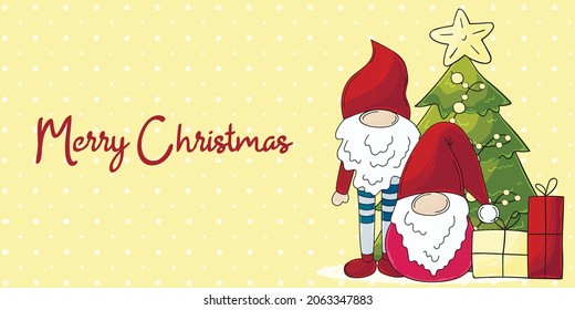 Yellow Christmas banner in handdrawn style. Two gnomes in Santa Claus hats, Christmas tree, gifts. Cute holiday card, flyer