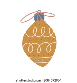 Yellow Christmas bauble. Christmas decoration with swirls in simple scandinavian style . Isolated clipart element. Vector flat Illustration. Only 5 colors - Easy to recolor.