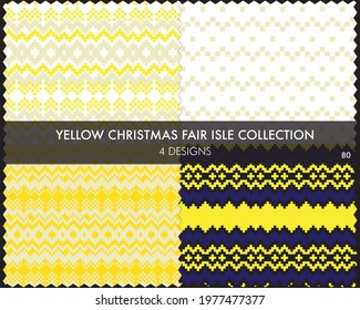 Yellow Christmas fair isle pattern collection includes 4 design swatches for fashion textiles, knitwear and graphics