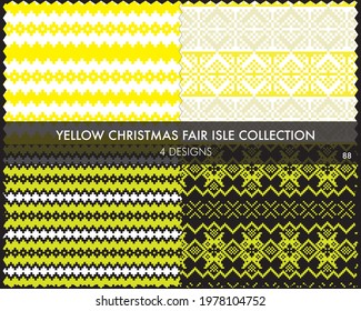 Yellow Christmas fair isle pattern collection includes 4 design swatches for fashion textiles, knitwear and graphics