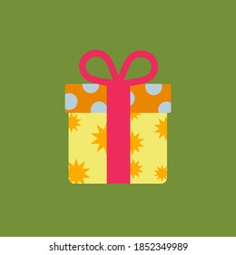 Yellow Christmas gift box with pink ribbon isolated in green background. Flat design. 