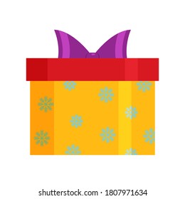 The yellow Christmas gift box with its red lid, its purple ribbon and its blue snowflake pattern is isolated on the white background.