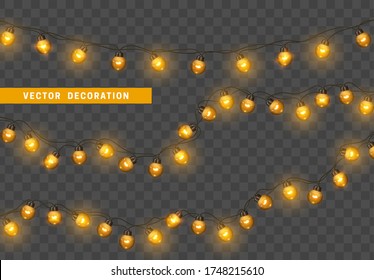 Luces navideñas amarillas. Elemento de diseño, decoraciones de luz brillante de año nuevo. Objetos decorativos de Xmas realistas. Marco de decoración de vacaciones de guirnaldas. Aislado sobre un fondo transparente. ilustración vectorial