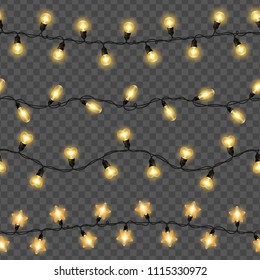 Yellow christmas lights isolated on transparent background. Vector illustration. Glowing bulbs for Xmas and New Year Design. Heart and star shape seamless garlands for holiday party