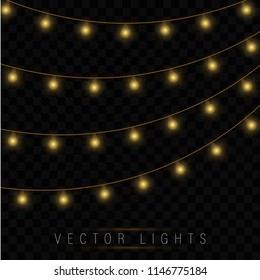 Yellow christmas lights isolated realistic design elements.Christmas lights isolated on transparent background. Xmas glowing garland. Vector illustration.
