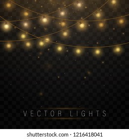 Yellow christmas lights isolated realistic design elements.Christmas lights isolated on transparent background. Xmas glowing garland. Vector illustration.