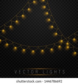 Yellow christmas lights isolated realistic design elements.Christmas lights isolated on transparent background. Xmas glowing garland. Vector illustration.