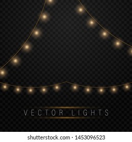 Yellow christmas lights isolated realistic design elements.Christmas lights isolated on transparent background. Xmas glowing garland. Vector illustration.