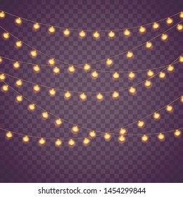 Yellow christmas lights isolated realistic  elements on transparent background. Set of golden xmas glowing garland. Lights for Xmas Holiday greeting card design. Garlands,  party decorations.  Vector