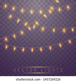Yellow christmas lights isolated realistic design elements.Christmas lights isolated on transparent background. Xmas glowing garland. Vector illustration.