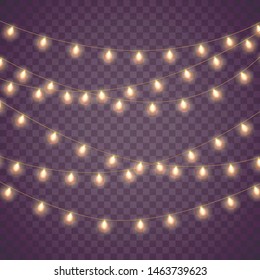 Yellow christmas lights isolated realistic  elements on transparent background. Set of golden xmas glowing garland. Lights for Xmas Holiday greeting card design. Garlands,  party decorations.  Vector