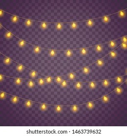 Yellow christmas lights isolated realistic  elements on transparent background. Set of golden xmas glowing garland. Lights for Xmas Holiday greeting card design. Garlands,  party decorations.  Vector