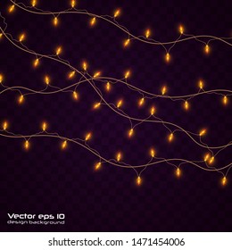 Yellow christmas lights isolated realistic design elements.Christmas lights isolated on transparent background. Xmas glowing garland. Vector illustration.
